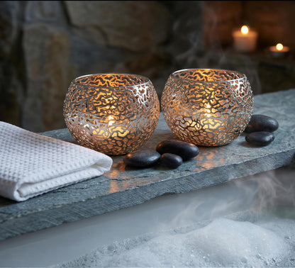 Metal Cut-Out Tealight Candle Holders Set of 2 – Geometric Lanterns for Table Centerpiece & Bathroom Spa – Shatterproof Holiday Decor, Winter Wedding (Gold/Silver)