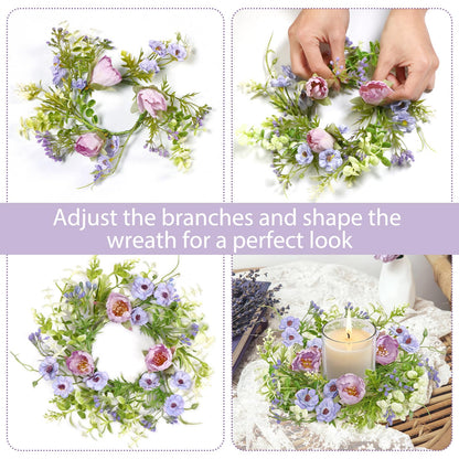 KHOYIME Floral Candle Rings Wreath 4PCS Small Spring Summer Purple Artificial Flowers Greenery Wreaths for Pillars, Mini Candle Holder Kitchen Cabinets Table Centerpieces Wedding Party Farmhouse Decor