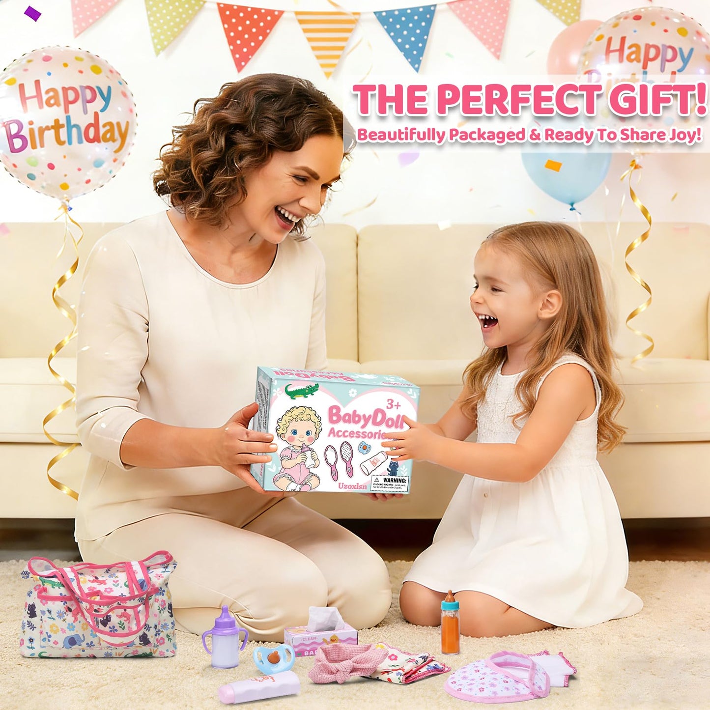 Baby Doll Accessories Set in Gift Box, 16 Pack Baby Doll Feeding Caring Kit with Pacifiers & Diaper Bag & Magic Bottles, Birthday / Christmas Party Goody Bag Stuffer, Toddler Kid Girl Pretend Play Toy