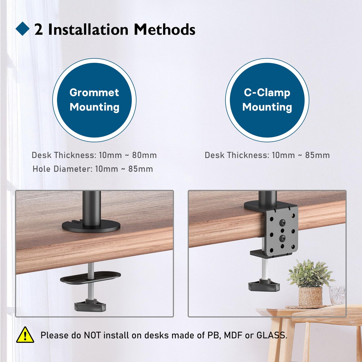 BONTEC Dual Monitor Desk Mount, Full Motion Adjustable Monitor Stand for 13–27 Inch Screens, Heavy Duty Arms Hold Up to 22 lbs Each, VESA 75x75/100x100 mm, C Clamp and Grommet Base, Cable Management