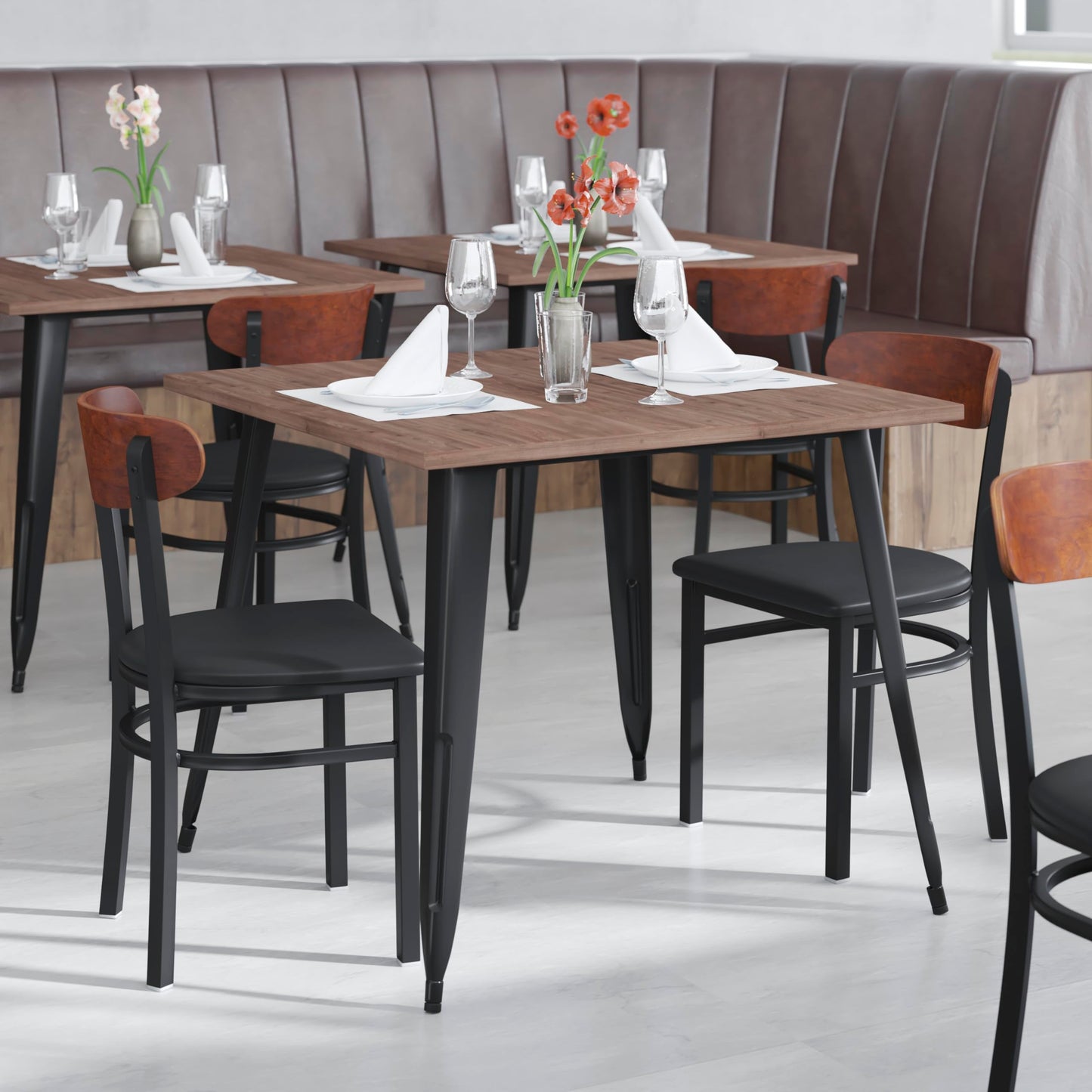 Flash Furniture Wright Set of 2 Commercial Dining Chairs - Walnut Wood Boomerang Back - Black Vinyl Seat - 500 LB. Capacity Black Steel Frame-Integrated Footrest