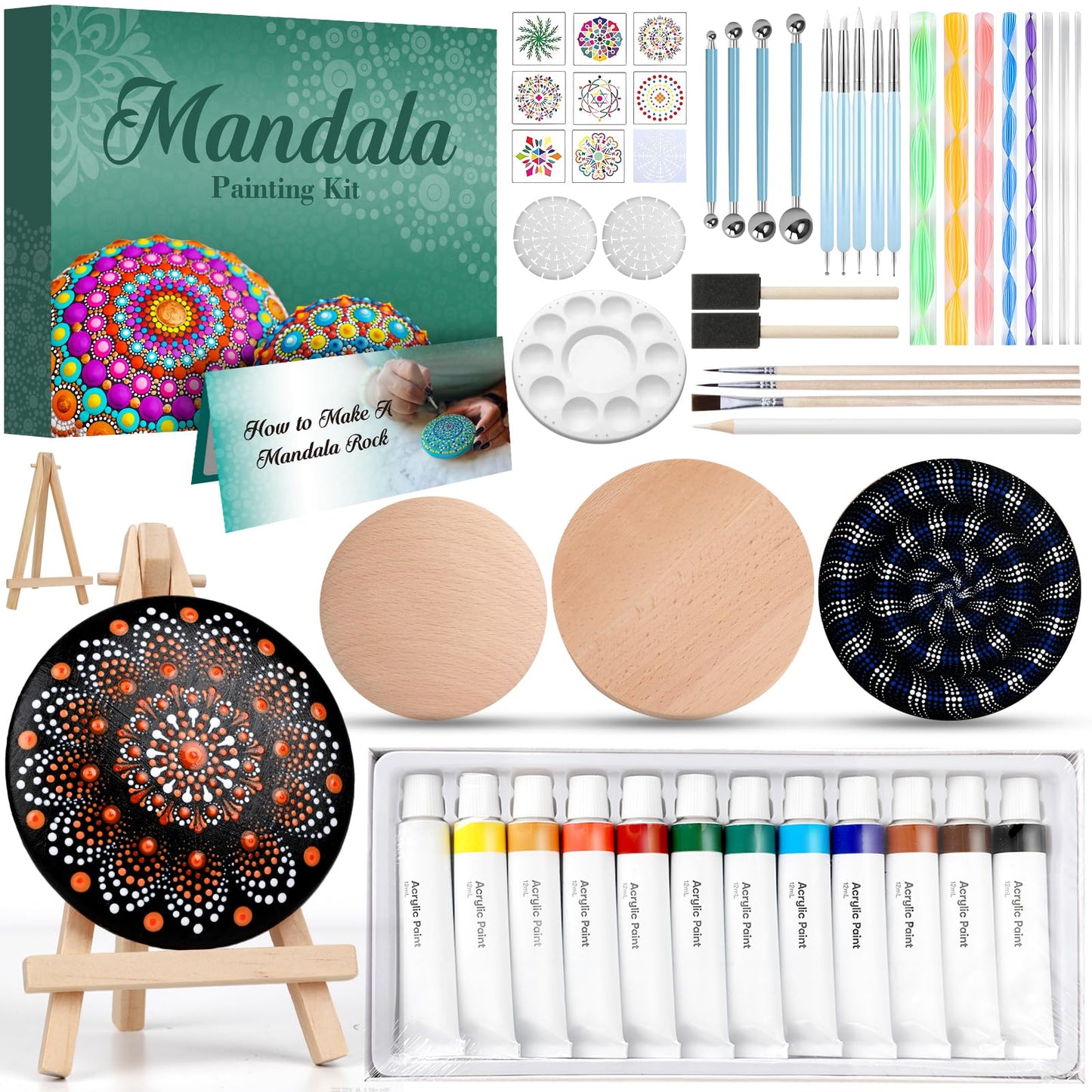 Mandala Rock Painting Kit - Mandala Dotting Tools for Painting - Including Large Wooden Rocks, Acrylic Paints, Stencils, Painting Tools, Manual, Arts Crafts Kit for Adults, Gifts for Women/Mom