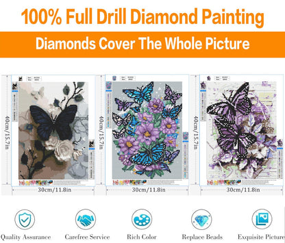 3 Pack Diamond Art Kits for Adults, Butterfly Flowers Diamond Painting Kits for Adults, 5D DIY Round Drill Gem Art Paint with Diamonds Dots Crafts Kits for Home Decor Gift 12x16inch