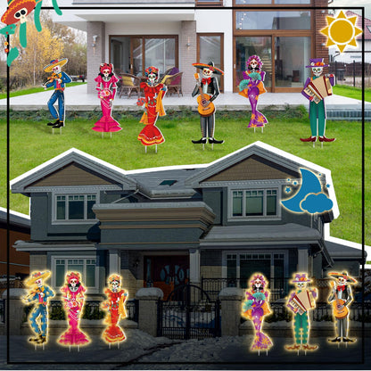 Tioncy 6 Pcs Day of the Dead Yard Decorations Outdoor Dia De Los Muertos Outside Yard Signs with Stakes String Lights Halloween Sugar Skull Couple Skeleton Decor for Mexican Fiesta Party Lawn Garden