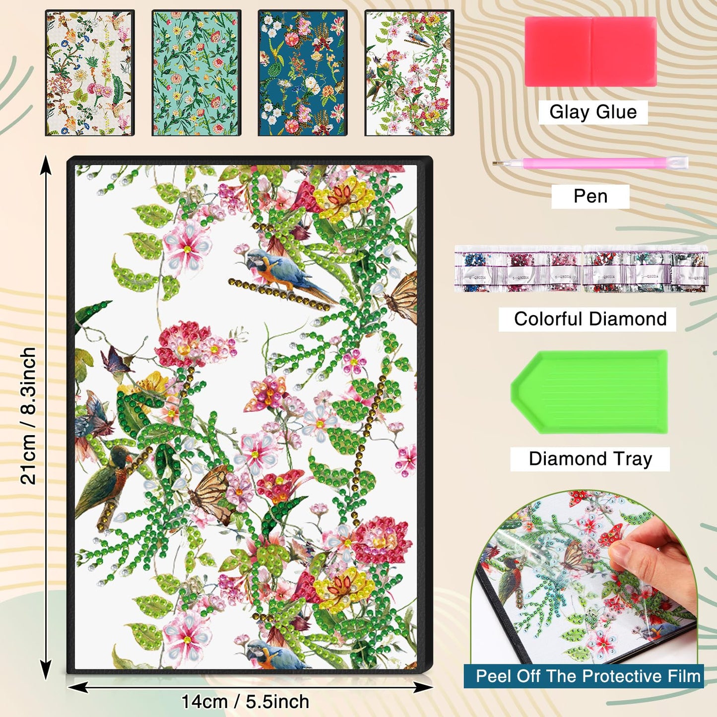 Mooliwe 4 Pcs Diamond Painting Notebook for Adults, Diamond Art Journal DIY Art Kits Sets A5 Leather Painting Sketchbook Christmas Gifts for Adults Beginners(Summer Floral)
