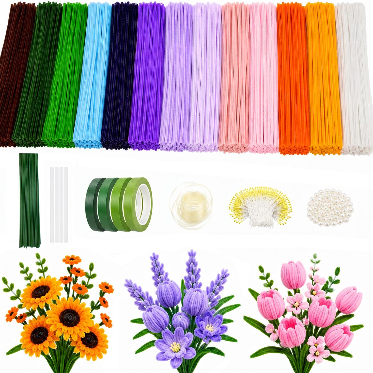 800PCS Pipe Cleaner Flower Kit, DIY Pipe Cleaners Craft Bouquet Making Kit with Floral Wires & Tape, DIY Chenille Stems Craft Supplies with Wrapping Paper & Ribbon for Home Decor