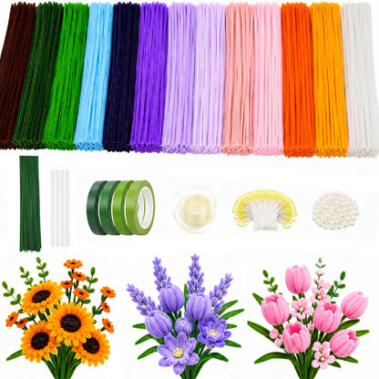 800PCS Pipe Cleaner Flower Kit, DIY Pipe Cleaners Craft Bouquet Making Kit with Floral Wires & Tape, DIY Chenille Stems Craft Supplies with Wrapping Paper & Ribbon for Home Decor