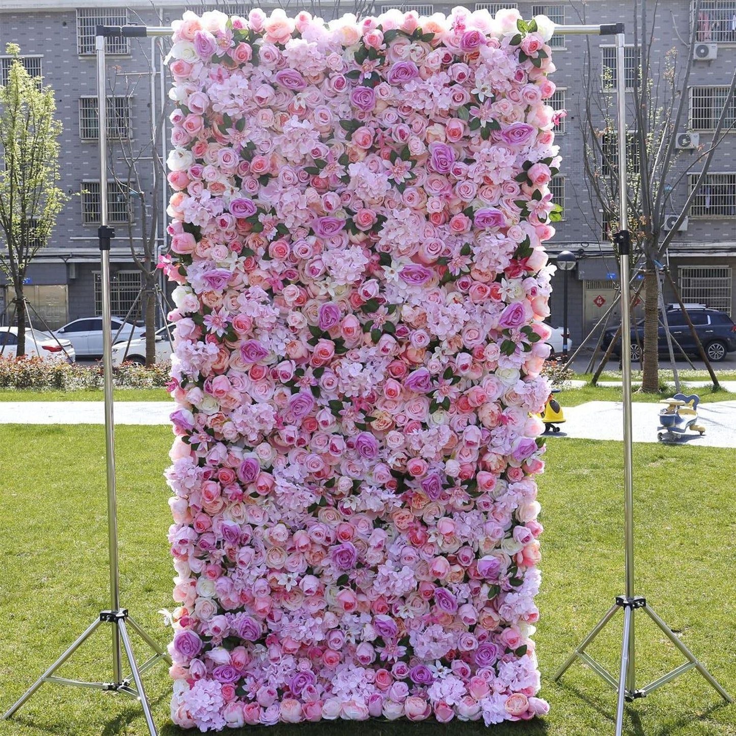 Handmade Large Artificial Flower Wall Backdrop Panels,Pink Hydrangea Wall Rose With Green Leaves Wedding Backdrop 3D Floral Wall Fabric Flower Wall For Party Baby Shower Brida,3m*3m/10*10FT