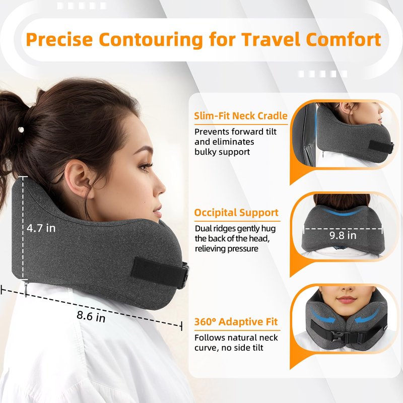 nadachi Neck Pillow Airplane Travel Set - Pure Memory Foam Travel Neck Pillow, Plane Pillow for Long Flights Essentials, Sleeping with 3D Contoured Eye Mask, Earplugs, Portable Bag (Darkgray-M)
