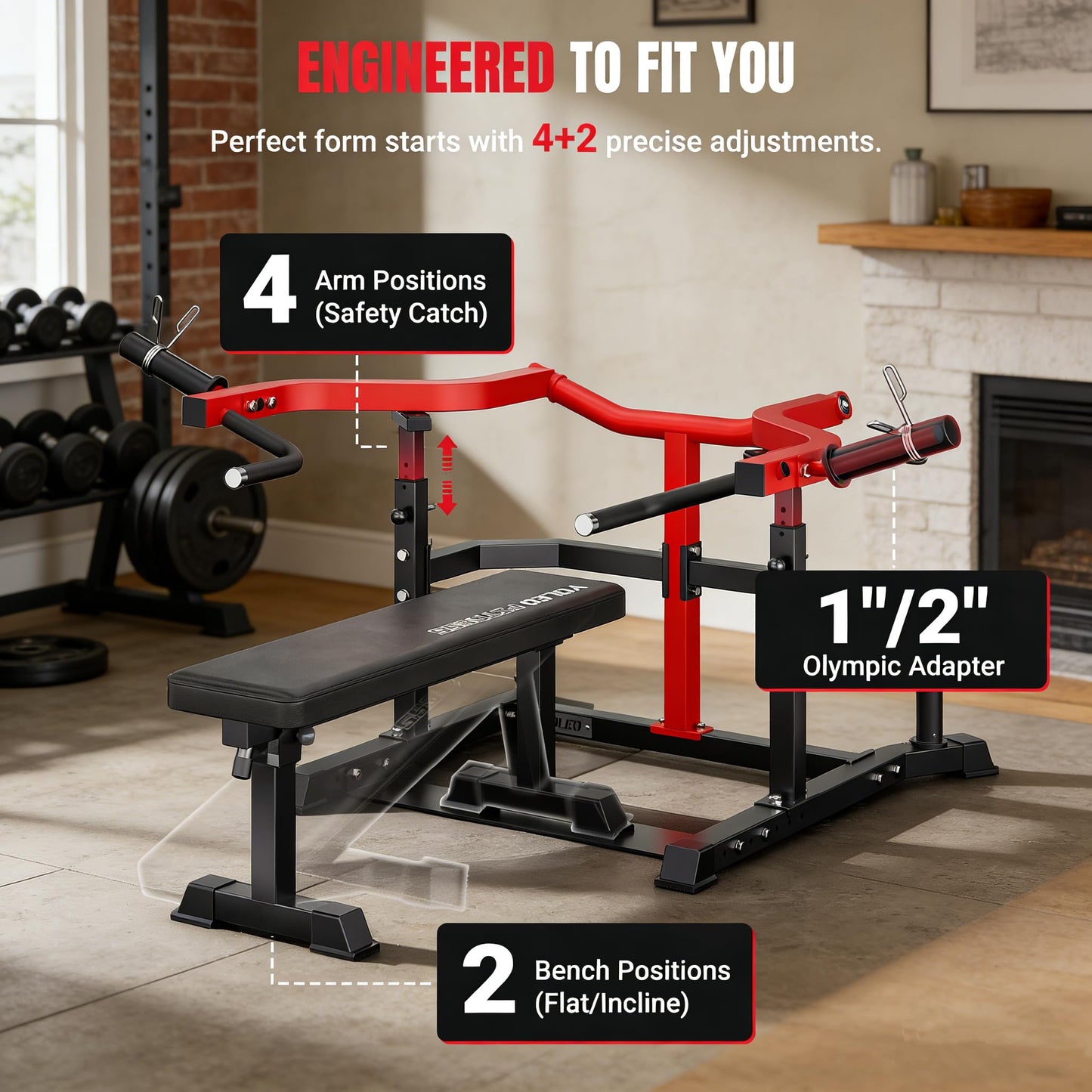 Chest Press Machine, 1100LBS Bench Press Machine with Separate Press Station & Adjustable Weight Bench, Independent Converging Arms (Red-Black)