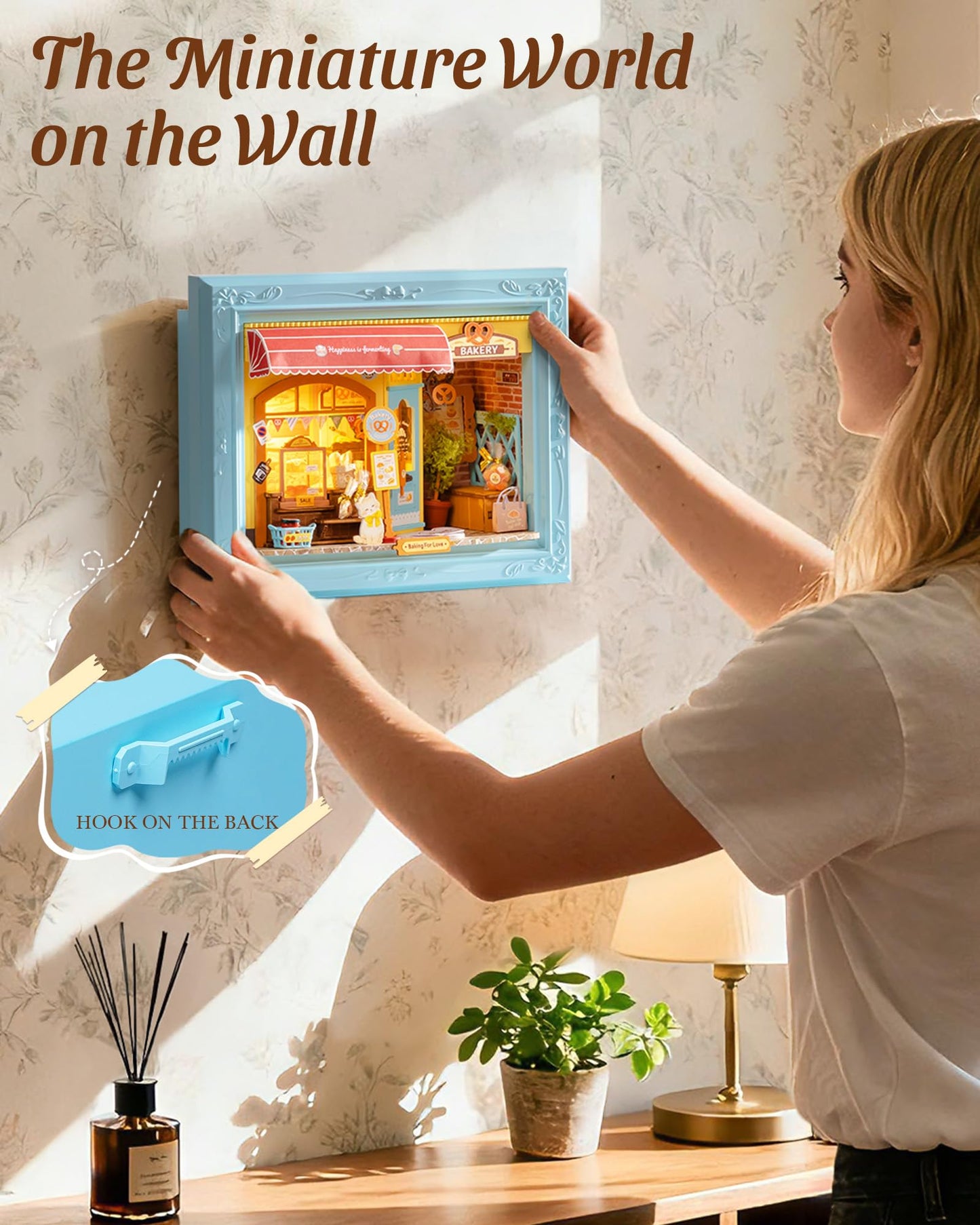 ROBOTIME 3D Puzzle DIY Miniature House Kit for Adults, a Fluffy Cat Bakery-Themed Wooden Dollhouse with Photo Frame, Tiny Building Set Model for Family Crafting & Holiday Decorative Gifts