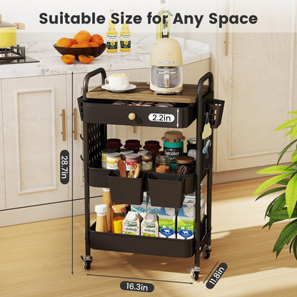 danpinera 3-Tier Rolling Cart, Metal Rolling Storage Cart with Wooden Table Top & DIY Pegboards, Storage Cart with Wheels, Hooks & Hanging Cups, Storage Organizer Cart Craft Art Cart, Black