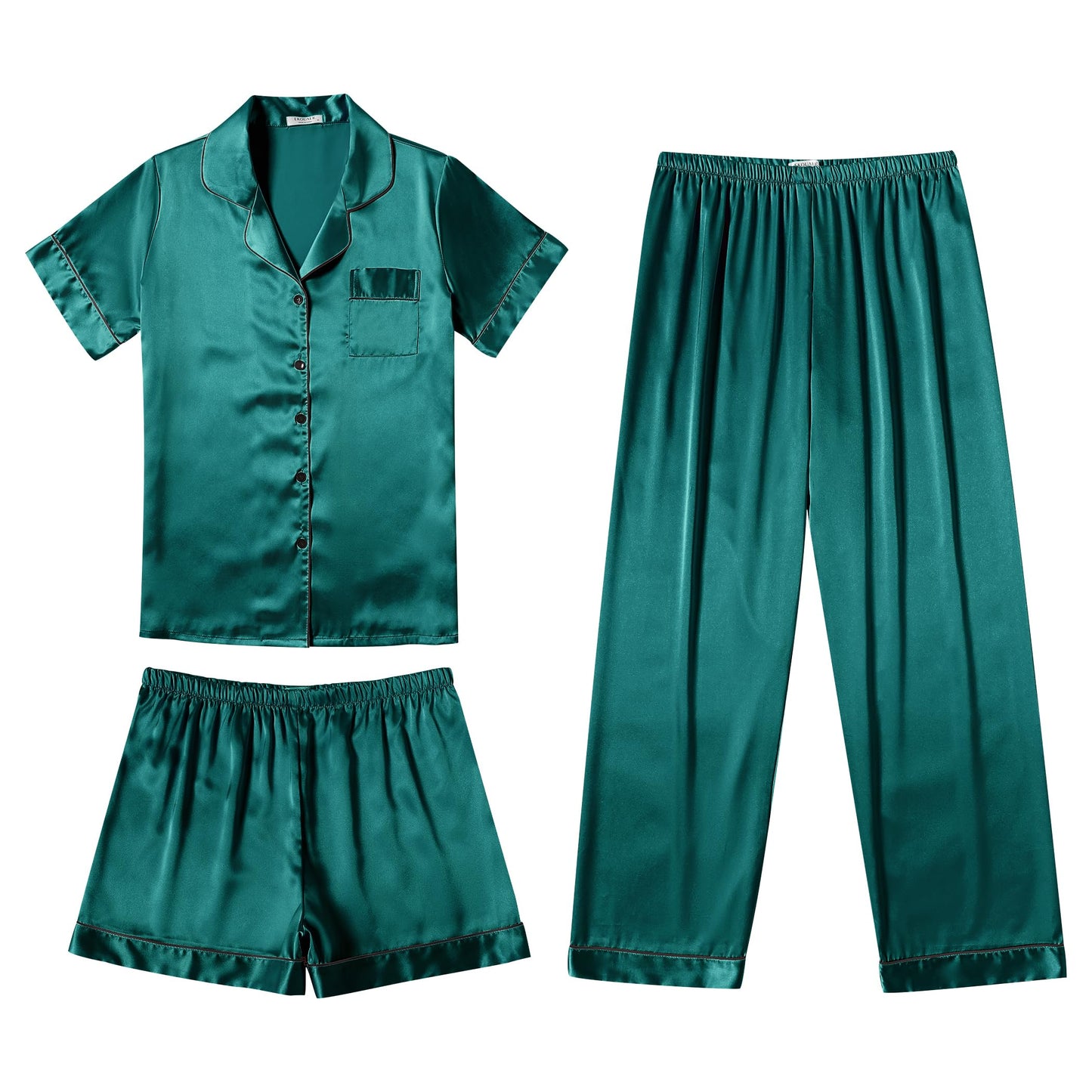 Ekouaer Silk Pajamas for Women Set Satin Pjs Soft Short Sleeve Button Down Sleepwear 3 Piece Loungewear S-XXL