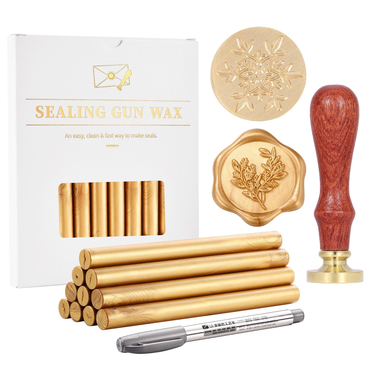 Yoption Wax Seal Kit, Eucalyptus Wax Seal Stamp, 10pcs Light Gold Glue Gun Sealing Wax Sticks and 1 Pen for Christmas Cards, Wedding, Gift, Wine Packages