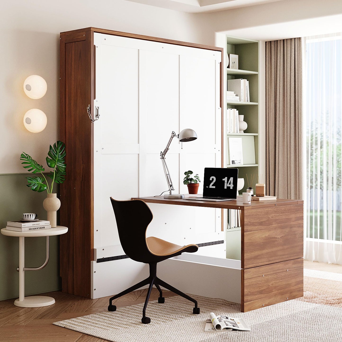 Merax Full Size Murphy Bed with Foldable Desk,Space Saving Wall Bed,Solid Wood Foldable Hidden Platform Bedframe for Home,Bedroom,Office,Small Room,Apartment,Walnut+White
