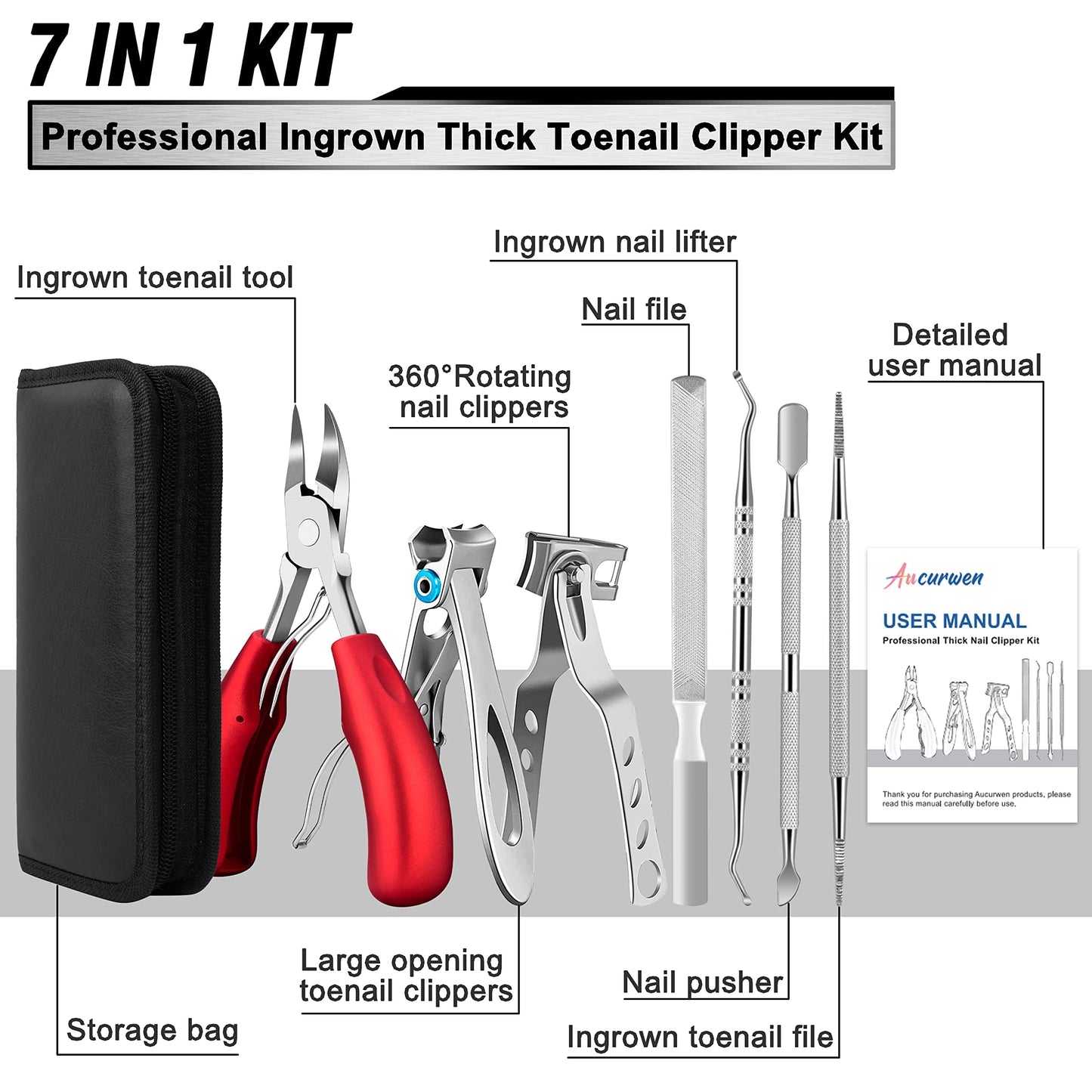 Toenail Clippers for Seniors Thick Toenails, Aucurwen Heavy Duty Toe Nail Clippers Adult Thick Nails Long Handle, Large Toenail Clippers for Thick Nails 7Pcs