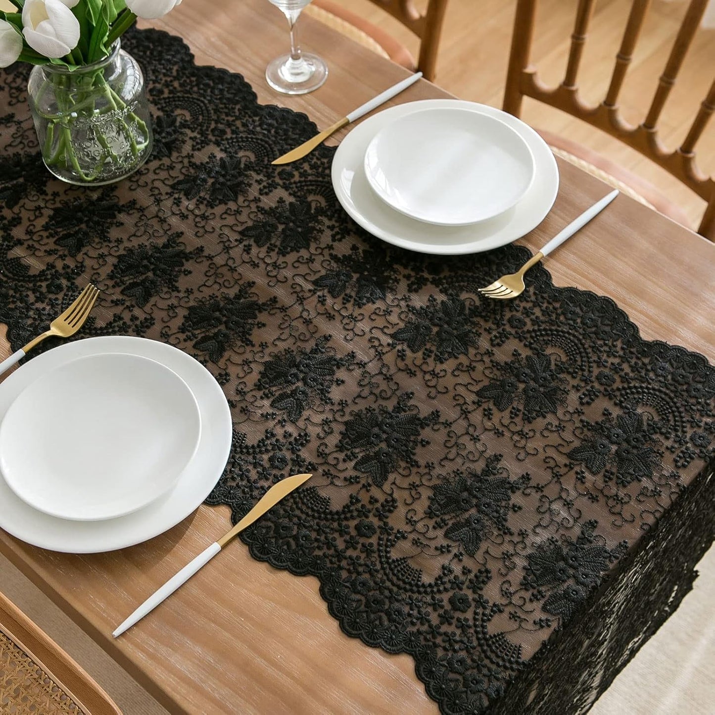 Insparkle Living 16 90 Lace Table Runner - x in, Embroidered Runner for End Table & Coffee Table, Vintage Black Lace