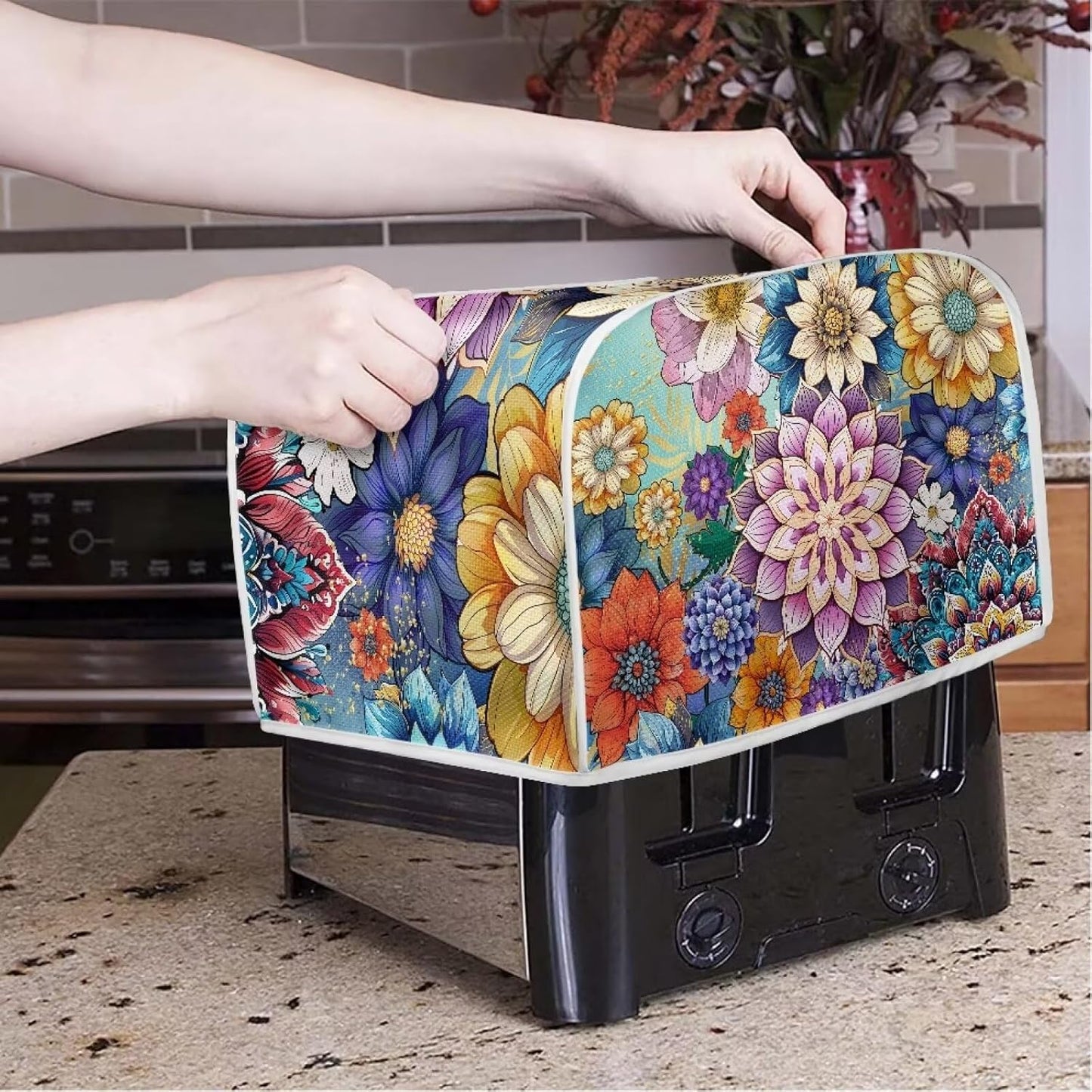 Toaster Covers for Most Standard 2 Slice Toasters, Kitchen Appliance Dust Cover with Mandala Flower Design