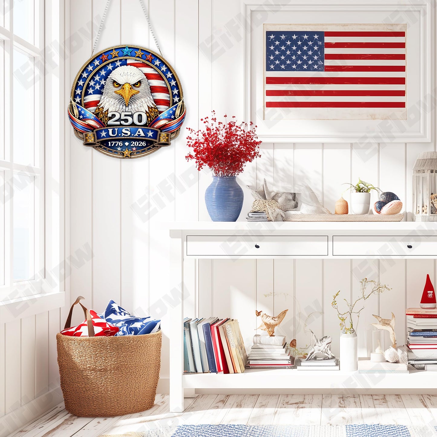 Eiflow 250 Years Anniversary USA Diamond Art Hanging Kit for Adults, DIY Patriotic Diamonds Painting Door Hanger Board Kit, Crystal Diamond Art Painting Pendant Ornament (4th of July Eagle Badge)