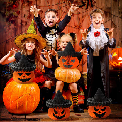 Fourluoo 6 Pcs Large Halloween Pumpkin Witch Hat Honeycomb Centerpieces 9.84 x 11 Inch Thanksgiving Paper Honeycomb Decorations 3D Table Decor for Fall Tailgate Party