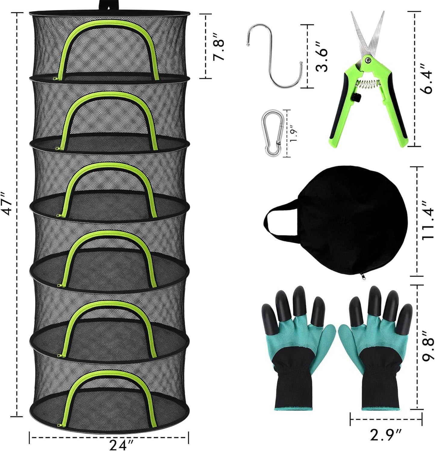 BRIVADO 6 24" Herb Drying Rack Hanging Mesh Layer with Zipper, Gloves, Garden Pruning Shear, Hook & Carabiner Clip
