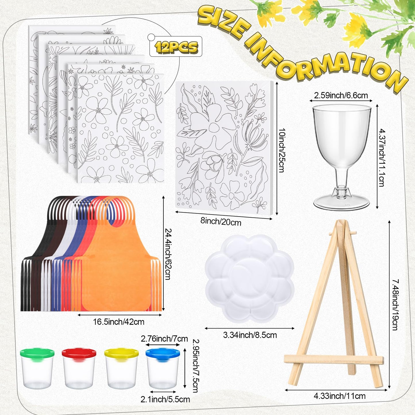 Sherr 96 Pcs 12 Sets Pre Drawn Canvas Kit for Painting Craft Sip and Paint Kit for Adults Pre Printed Canvas Painting Favor for DIY Birthday Gifts Adult's Date Party, 8 x 10 Inches(Flower)