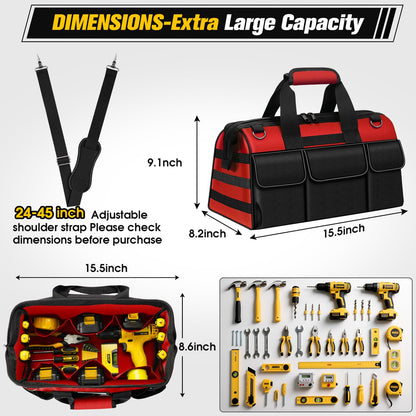 16-Inch Heavy Duty Tool Bag, 19-Pockets Tool Box Organizer, Portable Toolbag W/Soft Handle for Organized Storage, Mechanic Gifts for Men Dad Husband Fathers Day, Wide Mouth Electrician Toolbox, Red