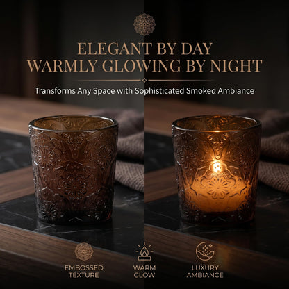12 Pack Mandala Embossed Glass Candle Holders – Votive Tealight Holders with Patent Design, Decorative Embossed Glass Cups for Wedding Centerpieces, Parties, and Home Décor (Chestnut Brown)