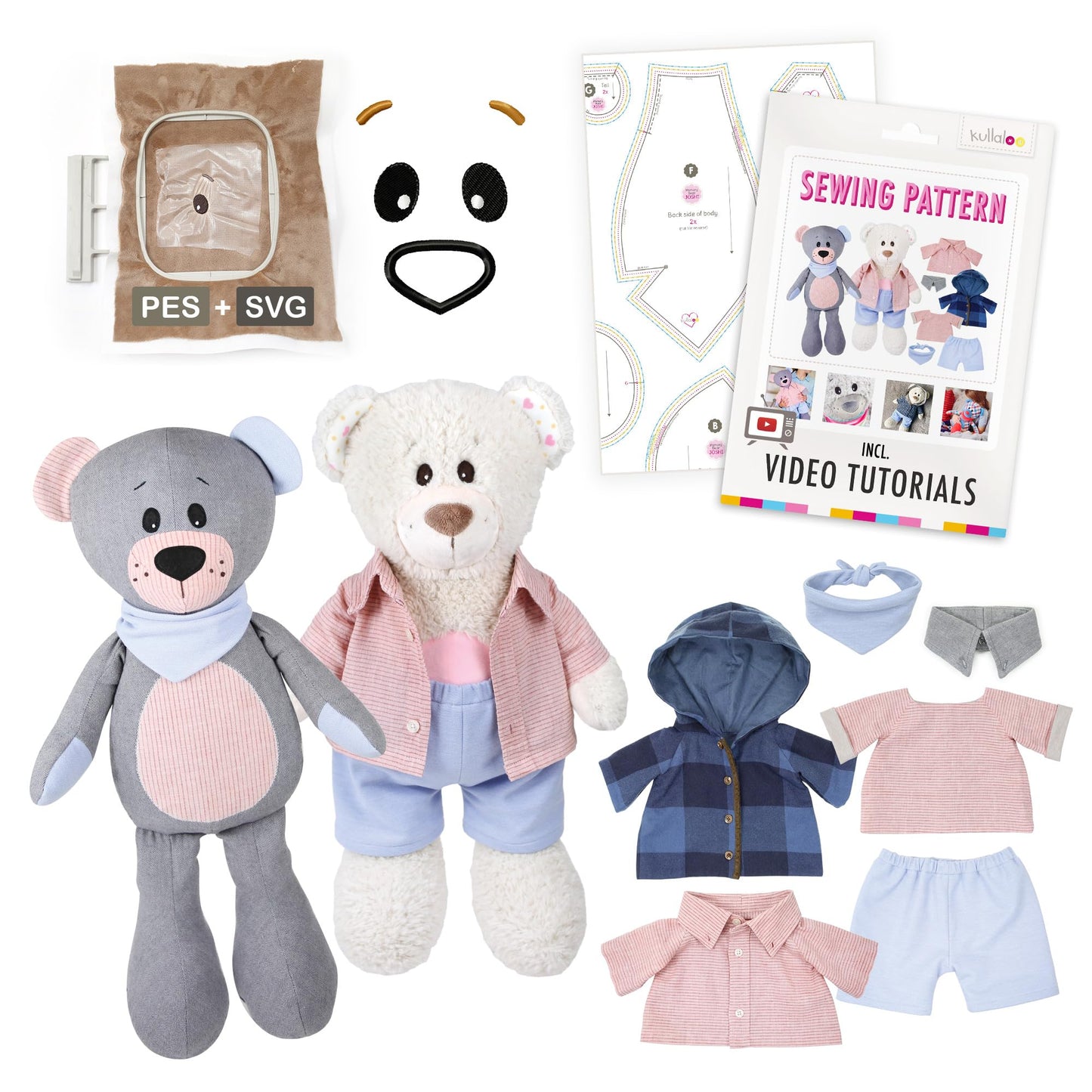 kullaloo Memory Bear Sewing Pattern – Stuffed Teddy Bear Plush Toy with Removable Collar, Shirt & Jacket | Memorial Bear Template with QR Video Tutorials, PES & SVG Files | Designed in Canada