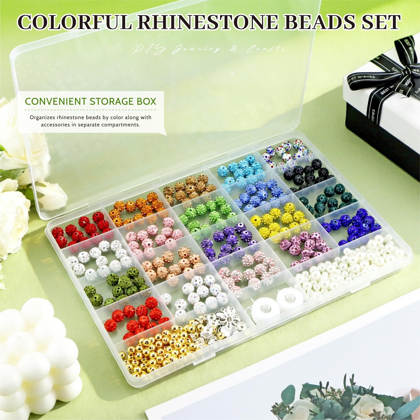 YETOOME 10mm Rhinestone Beads Set, 20 Colors Round Sparkle Crystal Clay Bead Kit with Charms, Sparkly Disco Ball Beads for Bracelets Necklaces Earrings Keychains DIY Crafting, 408 Pieces