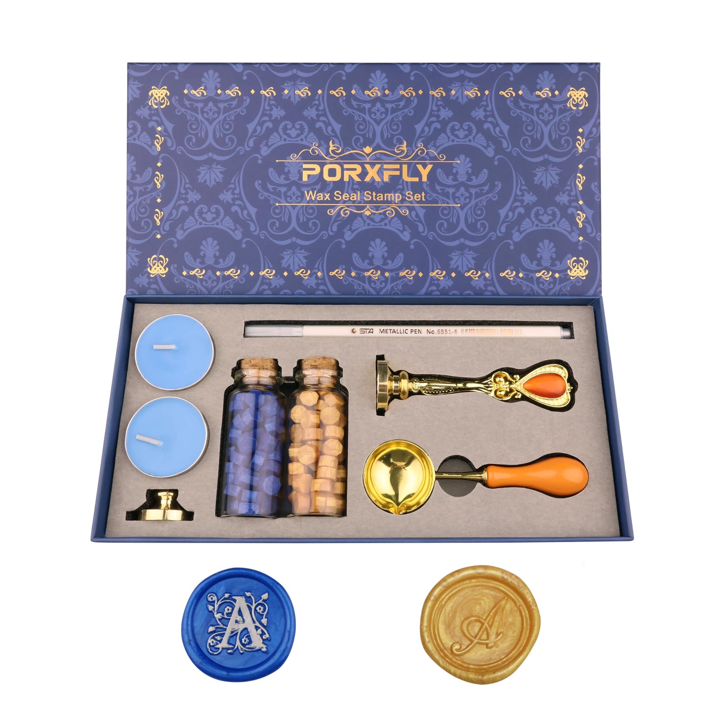 PORXFLY 2 Pieces Letter A Wax Seal Stamp Set,Initial Alphabet Wax Seal Stamp Kit Vintage Gift Box, A to Z Letter Series Stamp for Wedding Invitations, Envelopes, Gift Wrapping (A)