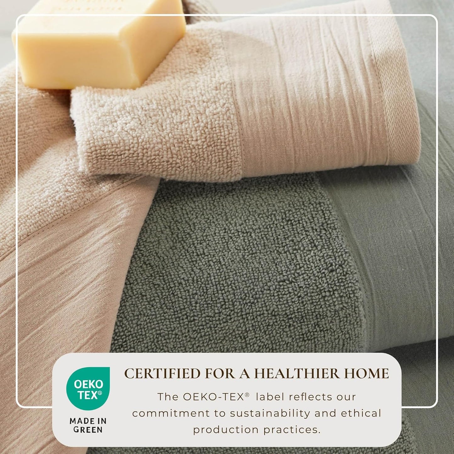 Set 100% 2 2 2 Green Bath Towel - Ultra-Soft Cotton, Linen Like Border Design - Bath Towels, Hand Towels, Washcloths
