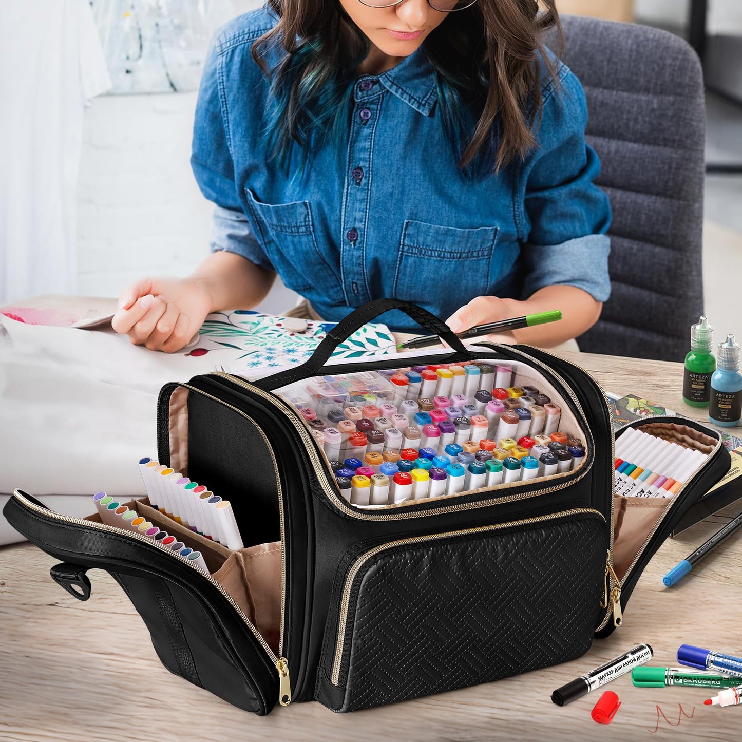 Rexmica Marker Organizer Case Bag for 180-300 Markers, Large Marker Storage Bag with Detachable Divider for Adults, Marker Travel Holder Case Bag for Various Markers or Other Art Craft Supply, Black