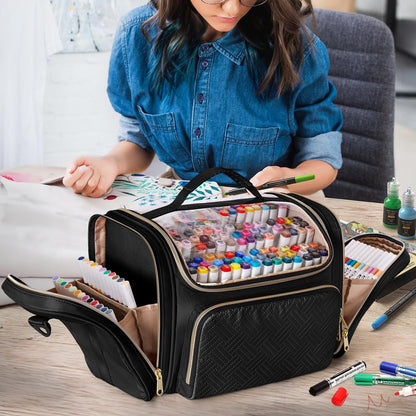Rexmica Marker Organizer Case Bag for 180-300 Markers, Large Marker Storage Bag with Detachable Divider for Adults, Marker Travel Holder Case Bag for Various Markers or Other Art Craft Supply, Black