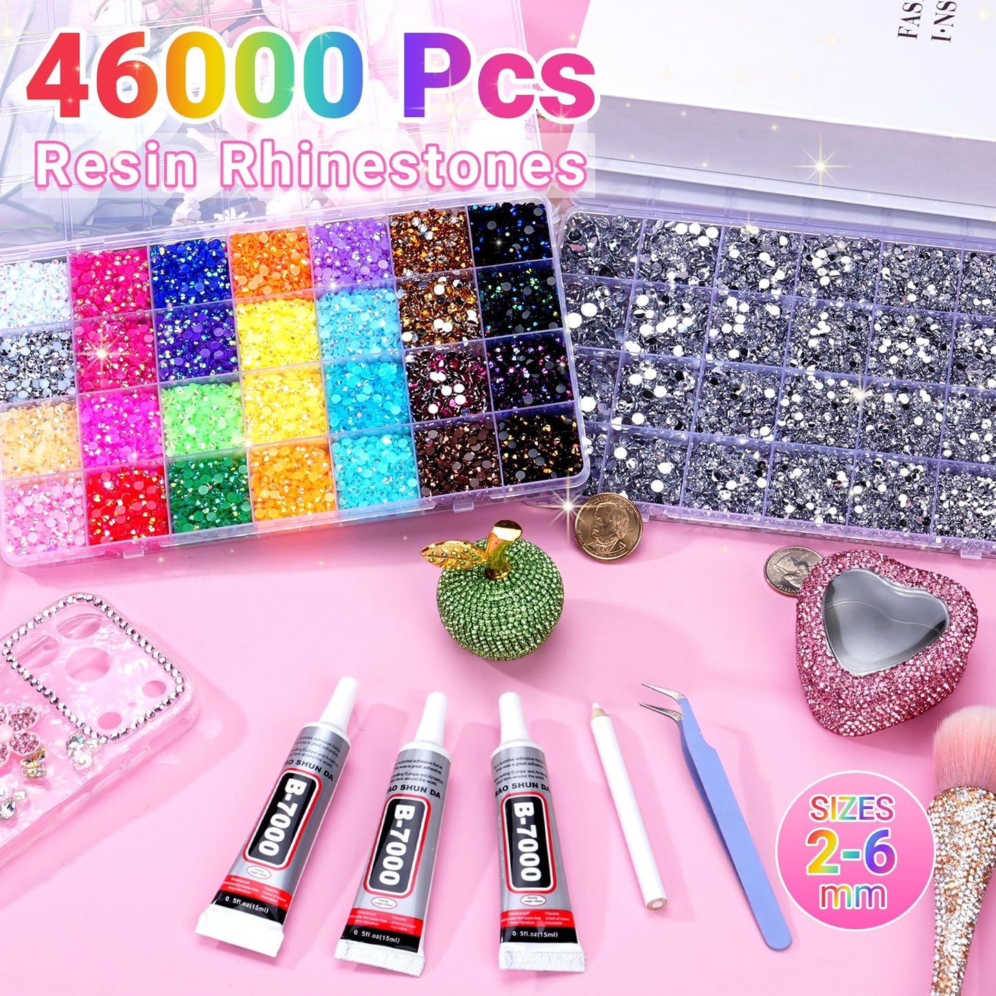 46000Pcs Jelly Rhinestones for Bedazzling, 2 Boxes Multicolor 4mm & Silver Clear 2/3/4/5/6mm Resin Flatback Gems for Crafting, Bedazzler Kit with 3Pcs 15ml B7000 Jewelry Glue for Book Clothes Crafts