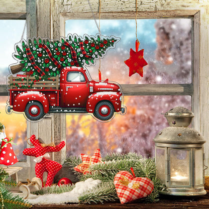 VODAPYC Christmas Diamond Art Hanging Kit for Adults, DIY Double Sided Special Shaped Diamonds Art Window Pendant Ornament for Home Decor(Red Truck)