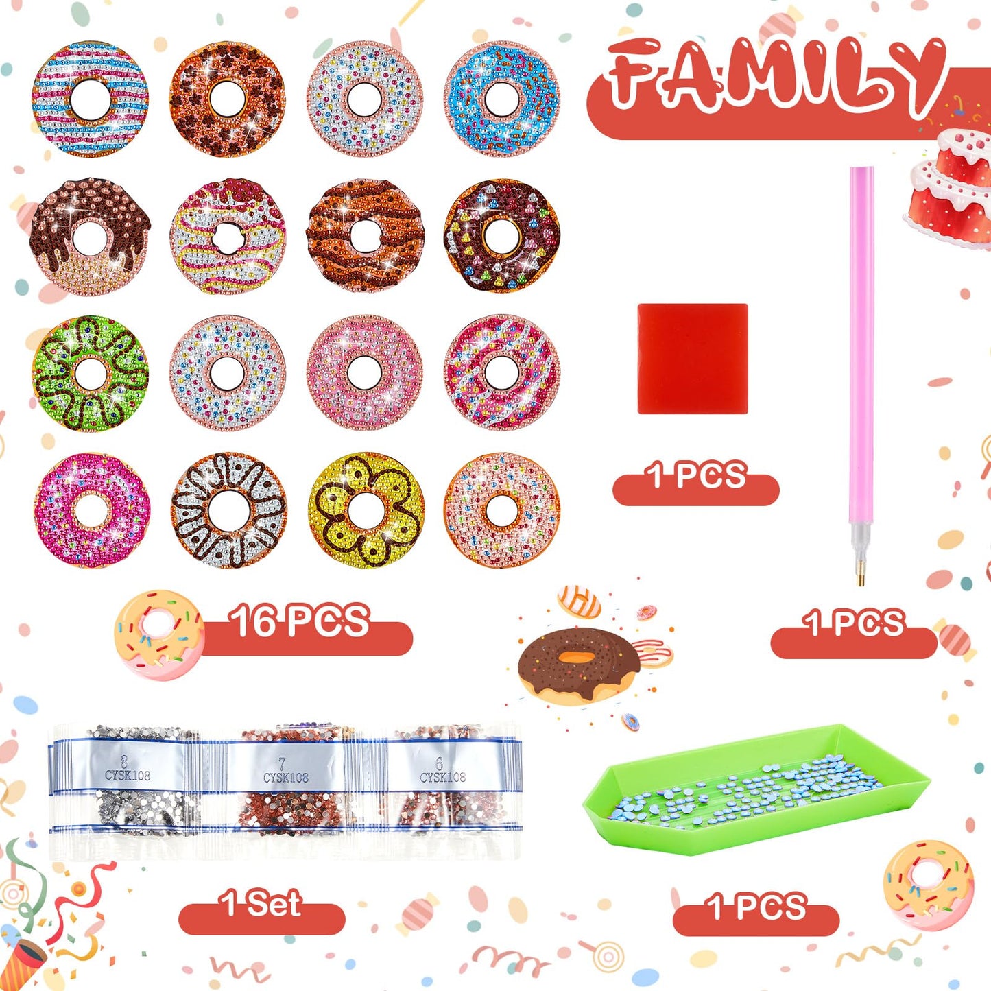 Xuhal 16 Pcs Diamond Painting Magnets DIY Diamond Painting Kits for Gem Art Magnet Refrigerator Stickers for Beginners Adults DIY Crafts Home Decors Party Birthday Gifts(Donut)
