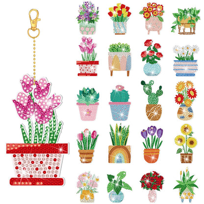 Misdary 20 Pcs Potted Flowers Diamond Art Keychains Double Side Diamond Painting Keychains Kit Flowers Ornaments for Home DIY Crafts Party Decor