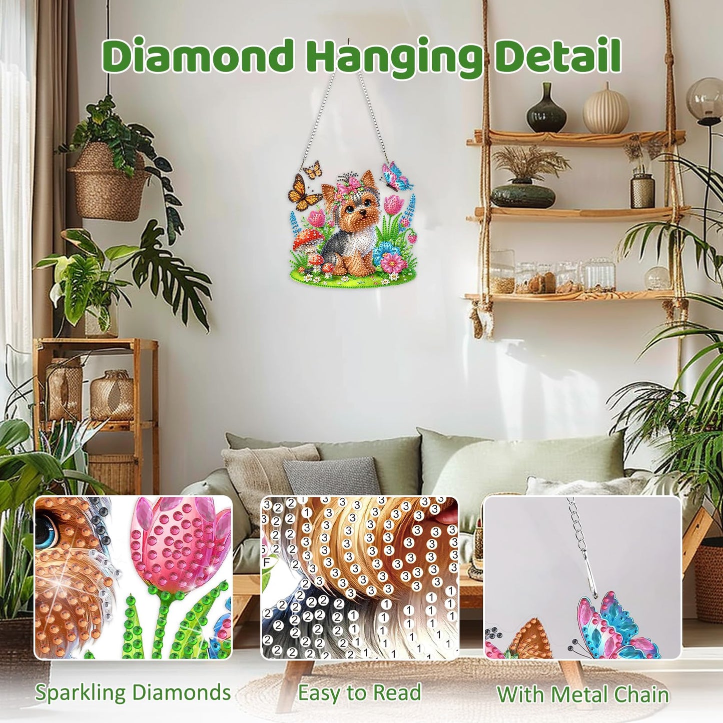 MEIYUDA Flowers Dog Diamond Art Hanging Kits for Adult, Yorkshire Puppy Diamond Painting Hanging Kits Ornaments, DIY Special Shaped Rhinestone Window Pendants Kit for Home Garden Wall Decor Gift