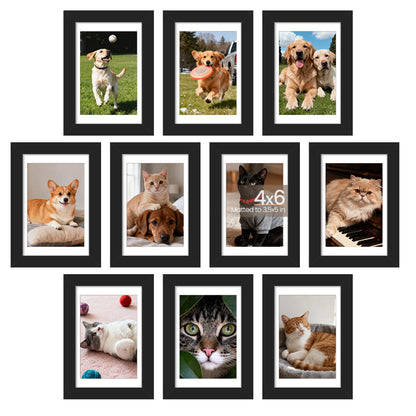 upsimples 4x6 Picture Frame Set of 10, Display Pictures 3.5x5 with Mat or 4x6 Without, Multi Photo Frames Collage for Wall or Tabletop Display, Black