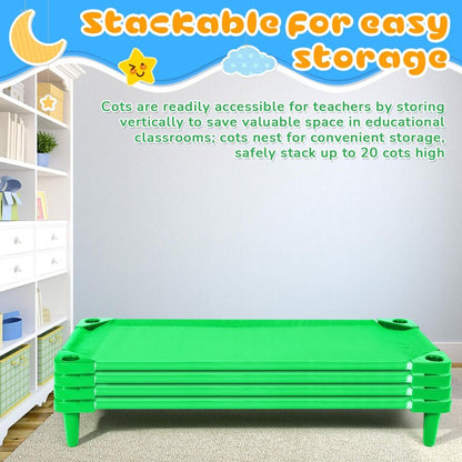 Burbell 4 Pcs Stackable Daycare Cots for Toddler 54" l x 23" W Kids Cots for Sleeping Portable Kids Bed Furniture Bed Frames Headboards Footboards for Classroom Preschool (Green)