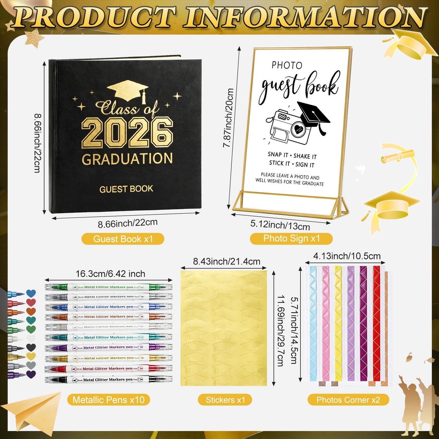 Pajean 2026 Graduation Guest Book Set with Photo Guest Book Sign Holder Dual Tip Pens Photo Corner Stickers Grad Cap Stickers for Congrats Grad Party Supplies Favors Gifts(Black Gold)