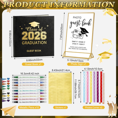 Pajean 2026 Graduation Guest Book Set with Photo Guest Book Sign Holder Dual Tip Pens Photo Corner Stickers Grad Cap Stickers for Congrats Grad Party Supplies Favors Gifts(Black Gold)
