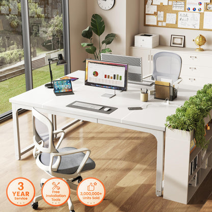 Huuger 63 x 24 inch Desk with Power Outlets & USB-C, Deeper & Thicker Desktop, Robust Metal Tubes, Computer Desk, Heavy Duty Office Desk, Work Gaming Desk, for Home Office, White