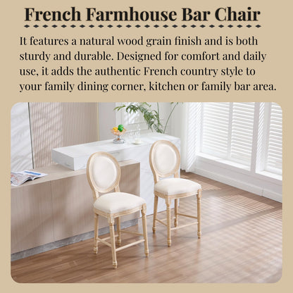 26" French Country Counter Height Chairs Set of 2,Upholstered Round-Back Bar Stools with Solid Wood Frame,Brushed Wire-Drawing Finish, Disassemblable Design for Kitchen,Living Room,Restaurant, Beige