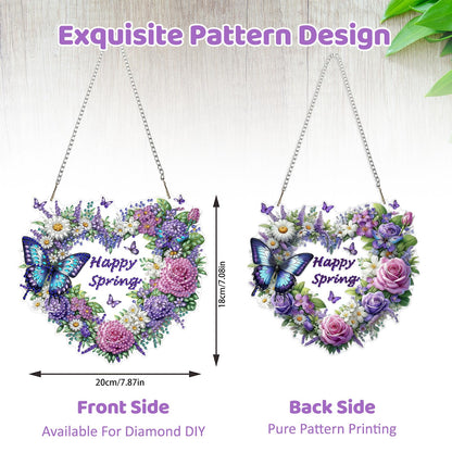 MEIYUDA Flower Wreath Diamond Art Hanging Kits for Adult, Happy Spring Diamond Painting Hanging Kits Ornaments, DIY Special Shaped Rhinestone Window Pendants Kit for Home Garden Wall Decor