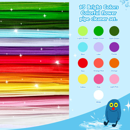 POMBUDS 572 PCS Pipe Cleaners Flower Kit, 13 Colors Chenille Stems with Floral Wires, Stamen, Tapes, Dot Glue, Instruction & White Box – DIY Craft Set for Handmade Bouquets