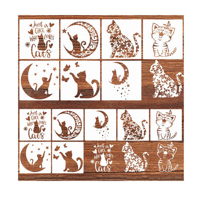 14 Pcs Cat Stencils for Painting on Wood Canvas Shirt, Small Large Flower Moon Cat Stencil Plastic Shirt Fabric Stencils for Painting on Wall Wood Burning Craft Fabric(cat)