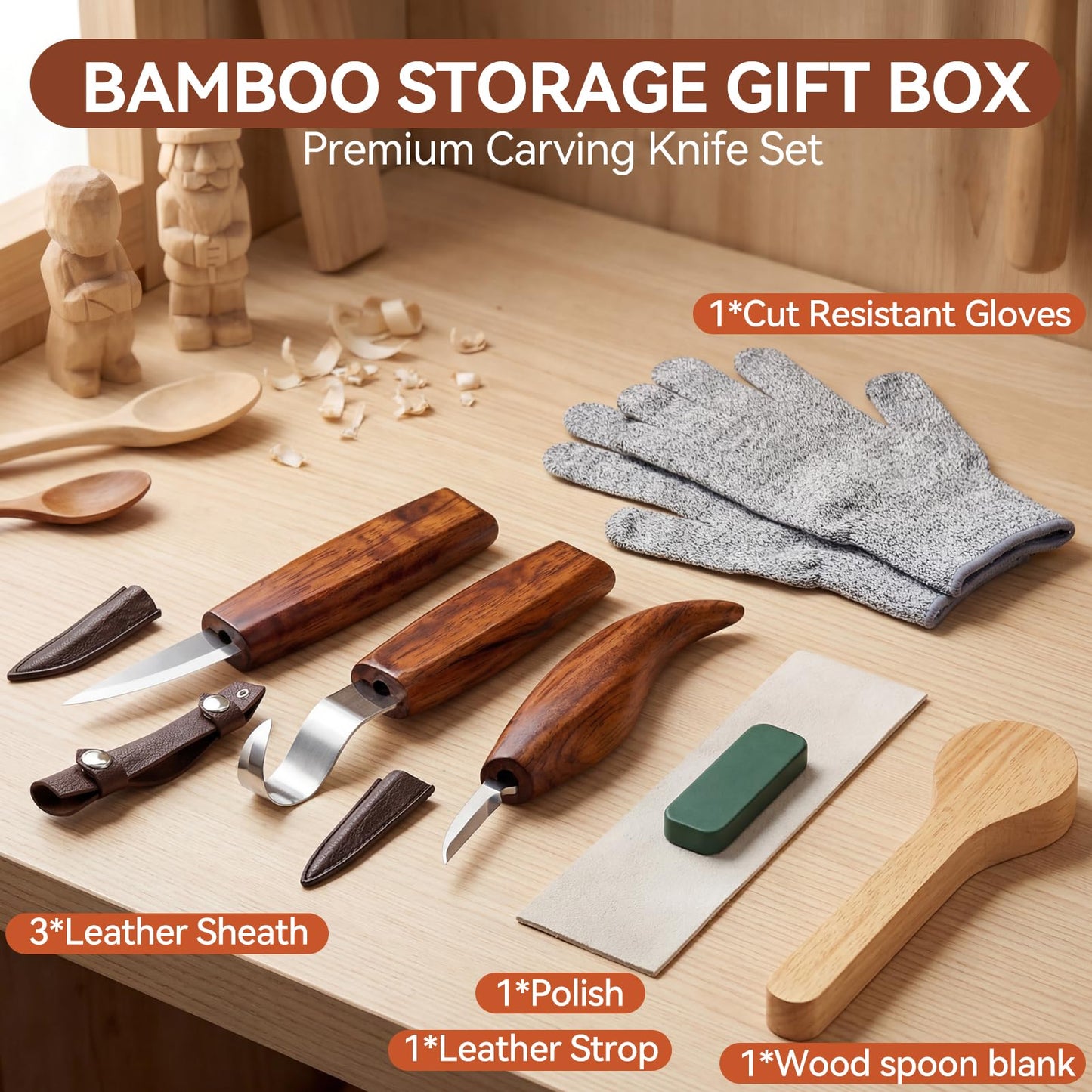 WAYCOM 12pcs Wood Whittling Kit Wood Carving Tools Set Hook Carving Knife,Detail Wood Knife,Whittling Knife Cut Resistant Gloves Leather Sheath And Bamboo Present Box For Spoon,Bowl,Cup