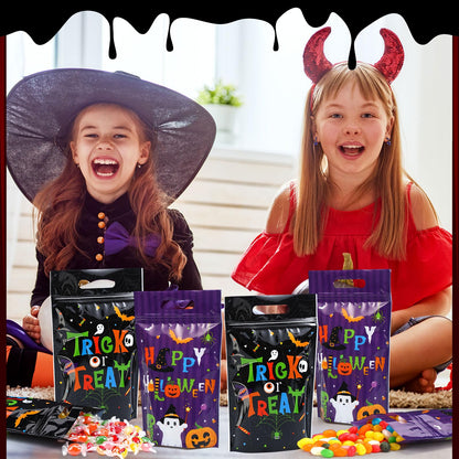 Pajean 50 Pcs Halloween Goodie Bags with Zipper Resealable Plastic Trick or Treat Candy Gift Bags Cute Ghost Pumpkin Skeletons Sealing Pouches for Halloween Party Favors Wrapping Supplies Decorations